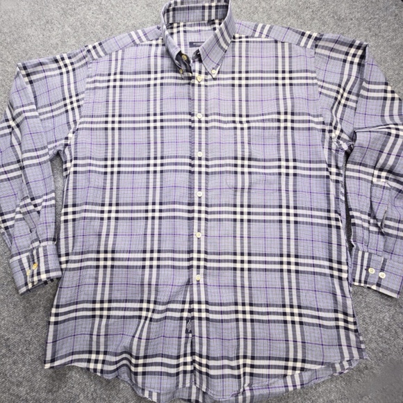 Burberry London Nova Check Plaid Check Blue Purple L/S Cotton Shirt Mens Large - Picture 5 of 11